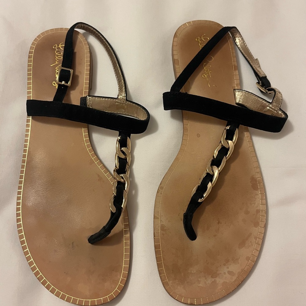 Lilly Pulitzer Black and Gold Chain T-Strap Sandals